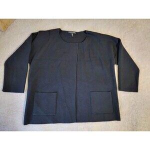Eileen Fisher  Black 100% Wool Cardigan Sweater Jacket XS‎ Open Front Pockets